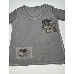 Made In Italy Gray Distressed Sequin Embellished Long Sleeve Top Womens Medium
